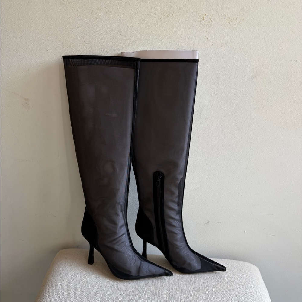 NIB! JEFFREY CAMPBELL Peepshow Black Mesh Suede Combo Boots Size 7.5 - Picture 2 of 7